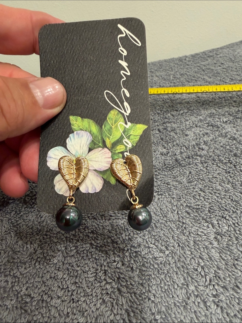 Gold-Tone Heart Drop Earrings with Black Pearl Dangles